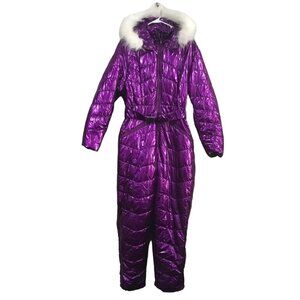 Purple Metallic Belted One Piece Snowsuit White Fur Removable Hood Ski Suit XXL